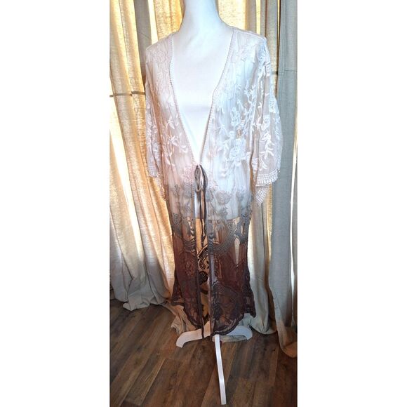 ORAGAMI Floral Lace Brown to Cream BOHO Western Cardigan One Size - Picture 3 of 10